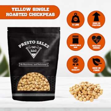 Chickpeas, Yellow Single Roasted Unsalted, No Salt and No Oil added, Tasty Snack, Plant-Based Protein, Garbanzo Beans, All Ages, Packed in a Resealable Pouch Bag of 5 lbs. (80 oz.) by Presto Sales LLC