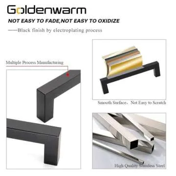 Goldenwarm 10 Pack Black Square Bar Cabinet Pull Drawer Handle Stainless Steel Modern Hardware for Kitchen and Bathroom Cabinets Cupboard,Center to Center 6-1/4in(160mm) Kitchen Cupboard Handles