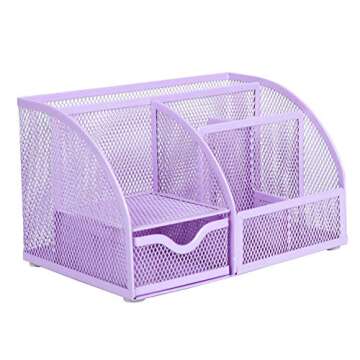 Annova Mesh Desk Organizer Office with 7 Compartments + Drawer/Desk Tidy Candy/Pen Holder/Multifunctional Organizer (Light Purple)