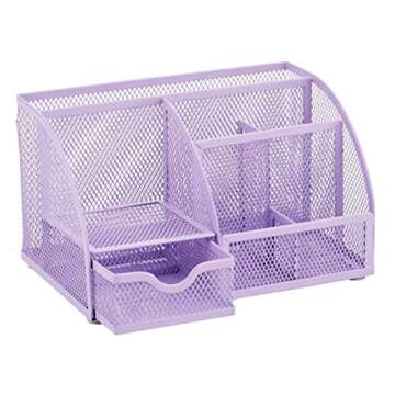 Annova Mesh Desk Organizer Office with 7 Compartments + Drawer/Desk Tidy Candy/Pen Holder/Multifunctional Organizer (Light Purple)