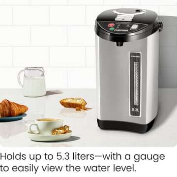 Chefman Electric Hot Water Pot Urn w/ Manual Dispense Buttons, Safety Lock, Instant Heating for Coffee & Tea, Auto-Shutoff/Boil Dry Protection, Insulated Stainless Steel, 5.3L/5.6 Qt/30+ Cups