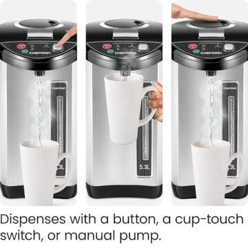 Chefman Electric Hot Water Pot Urn w/ Manual Dispense Buttons, Safety Lock, Instant Heating for Coffee & Tea, Auto-Shutoff/Boil Dry Protection, Insulated Stainless Steel, 5.3L/5.6 Qt/30+ Cups