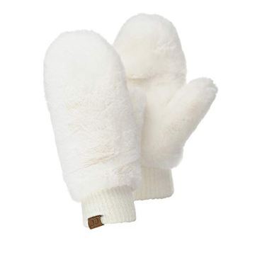 C.C Women's Faux Fur Wrist Length Fingerless Sherpa Lined Convertible Mittens Gloves - Ivory