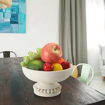 Amyhill Distressed Beaded Wood Pedestal Bowl Decorative Wooden Beaded Bowl Wood Pedestal Bowl Serving Bowl for Farmhouse Kitchen Decor(White)