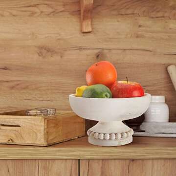 Amyhill Distressed Beaded Wood Pedestal Bowl Decorative Wooden Beaded Bowl Wood Pedestal Bowl Serving Bowl for Farmhouse Kitchen Decor(White)