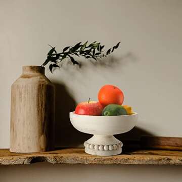 Amyhill Distressed Beaded Wood Pedestal Bowl Decorative Wooden Beaded Bowl Wood Pedestal Bowl Serving Bowl for Farmhouse Kitchen Decor(White)