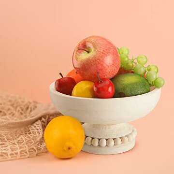 Amyhill Distressed Beaded Wood Pedestal Bowl Decorative Wooden Beaded Bowl Wood Pedestal Bowl Serving Bowl for Farmhouse Kitchen Decor(White)