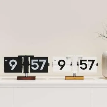 mooas Classic Modern Wood Big Flip Desk Clock (Black), Retro Vintage Analog Design Auto Flip Clock Table Clock Large Number Battery Powered, Ideal for Home Office School Hotel Café