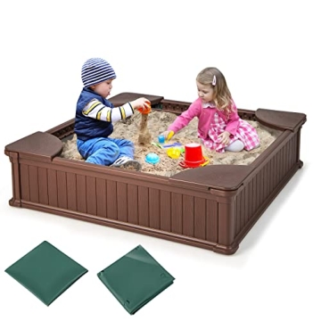 Costzon Kids Sandbox with Cover, 4ft x 4ft HDPE Sandpit with Oxford Cover, Bottom Liner, 4 Corner Se...
