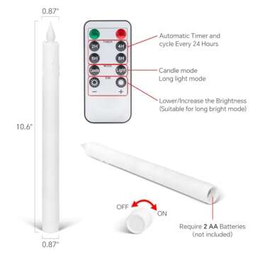 milysoek 2 Pcs Flameless Taper Candles with Remote Flickering Battery Operated Candles,led candlesticks Plastic,Candle Sticks Battery Powered,10.6 Inches For Fireplace Wedding Holiday Home Decor,White