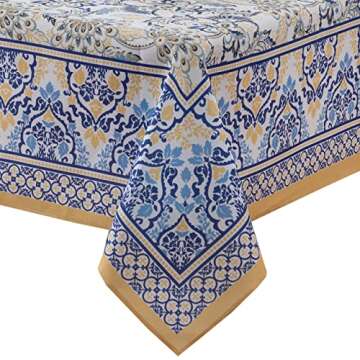 Home Bargains Plus Provence Allure Arabesque Yellow and Blue Floral Bordered Country French Fabric Tablecloth, Indoor Outdoor, Stain and Water Resistant 60” x 84” Oblong/Rectangle