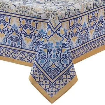 Home Bargains Plus Provence Allure Arabesque Yellow and Blue Floral Bordered Country French Fabric Tablecloth, Indoor Outdoor, Stain and Water Resistant 60” x 84” Oblong/Rectangle