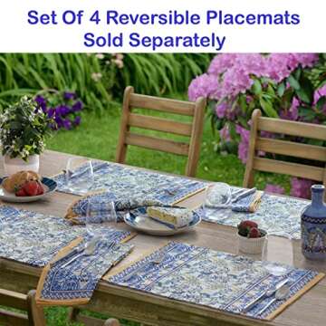 Home Bargains Plus Provence Allure Arabesque Yellow and Blue Floral Bordered Country French Fabric Tablecloth, Indoor Outdoor, Stain and Water Resistant 60” x 84” Oblong/Rectangle