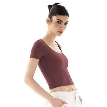 PUMIEY T Shirt for Women Short Sleeve Slim Fit Tops Scoop Neck Sexy Tee Women Clothing Marsala X-Small