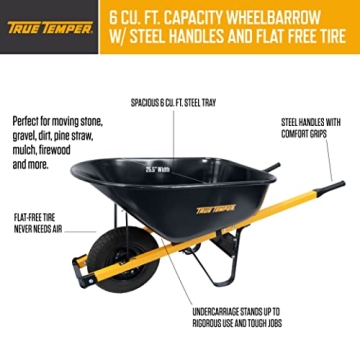 True Temper 6 Cu. Ft Steel Wheelbarrow with Flat Free Tire