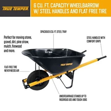True Temper 6 Cu. Ft Steel Wheelbarrow with Flat Free Tire