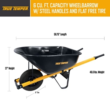 True Temper 6 Cu. Ft Steel Wheelbarrow with Flat Free Tire