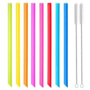 [Angled Tips] 8 Pcs Reusable Boba Straws & Smoothie Straws - Multi Colors Jumbo Wide Reusable Straws, BPA FREE Food-Grade Plastic Straws for Bubble Tea(Tapioca, Boba Pearls), Milkshakes with 2 Brushes