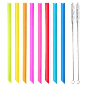 [Angled Tips] 8 Pcs Reusable Boba Straws & Smoothie Straws - Multi Colors Jumbo Wide Reusable Straws, BPA FREE Food-Grade Plastic Straws for Bubble Tea(Tapioca, Boba Pearls), Milkshakes with 2 Brushes