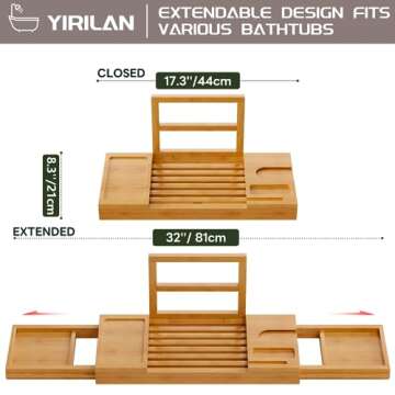 Yirilan Bamboo Bathtub Tray, Expandable Bathroom Tray, Waterproof Tray Caddy, Perfect Bath Caddy for...