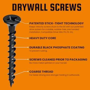 Velocity 1 5/8 Drywall Screws (Size #6) – Black Phosphate Coated Screws for Drywall and Stick-Tight PSD ACR Drive Bit, (100 Pieces)