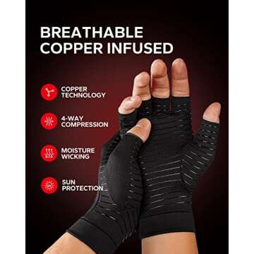BraceBull Arthritis Gloves (1 Pair), Copper Infused Compression Gloves for Relieve Muscle Pain, Carpal Tunnel, RSI, Rheumatoid, Tendonitis, Fingerless Gloves for Hands Pain for Women & Men (S, Black)