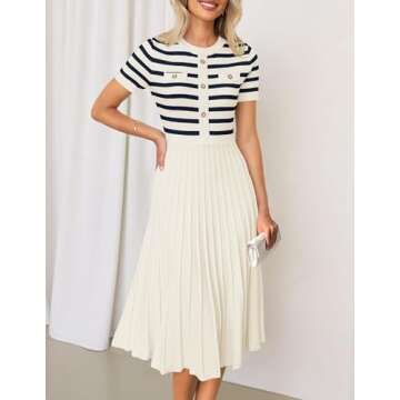 ZESICA Women's 2025 Casual Striped Midi Dress Crewneck Short Sleeve Button Ribbed Knit Swing Pleated A Line Dresses,Beige,Medium