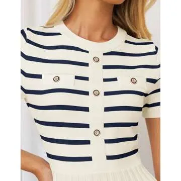 ZESICA Women's 2025 Casual Striped Midi Dress Crewneck Short Sleeve Button Ribbed Knit Swing Pleated A Line Dresses,Beige,Medium