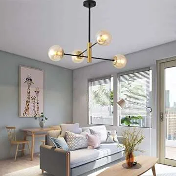 AskLlieo 4-Lights Glass Globe Sputnik Chandelier, Amber Shade Dining Room Lighting Fixture, Mid Century Chandelier, Classic Retro Ceiling Light Fixture for Study, Kitchen, Bedroom, Hallway, Farmhouse