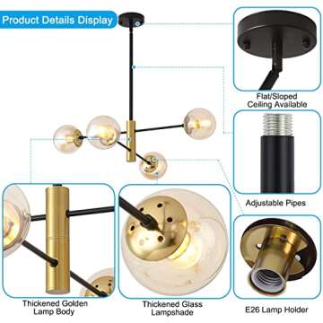 AskLlieo 4-Lights Glass Globe Sputnik Chandelier, Amber Shade Dining Room Lighting Fixture, Mid Century Chandelier, Classic Retro Ceiling Light Fixture for Study, Kitchen, Bedroom, Hallway, Farmhouse