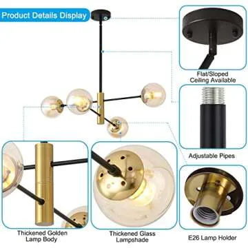 AskLlieo 4-Lights Glass Globe Sputnik Chandelier, Amber Shade Dining Room Lighting Fixture, Mid Century Chandelier, Classic Retro Ceiling Light Fixture for Study, Kitchen, Bedroom, Hallway, Farmhouse