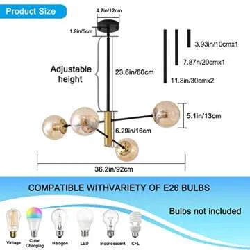 AskLlieo 4-Lights Glass Globe Sputnik Chandelier, Amber Shade Dining Room Lighting Fixture, Mid Century Chandelier, Classic Retro Ceiling Light Fixture for Study, Kitchen, Bedroom, Hallway, Farmhouse