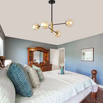 AskLlieo 4-Lights Glass Globe Sputnik Chandelier, Amber Shade Dining Room Lighting Fixture, Mid Century Chandelier, Classic Retro Ceiling Light Fixture for Study, Kitchen, Bedroom, Hallway, Farmhouse