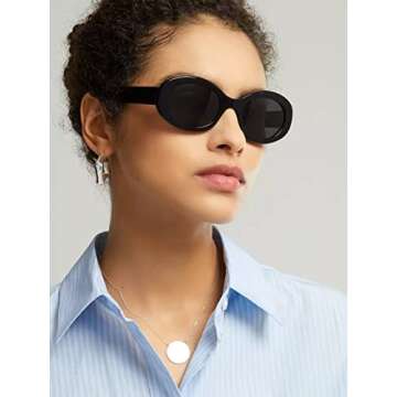PORADAY Modern Thick Oval Sunglasses for Women Fashion Clout Goggles Retro Narrow Chunky Sun Glasses Gradient Shades Round 90s (Black/Grey)