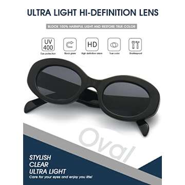 PORADAY Modern Thick Oval Sunglasses for Women Fashion Clout Goggles Retro Narrow Chunky Sun Glasses Gradient Shades Round 90s (Black/Grey)