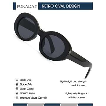 PORADAY Modern Thick Oval Sunglasses for Women Fashion Clout Goggles Retro Narrow Chunky Sun Glasses Gradient Shades Round 90s (Black/Grey)