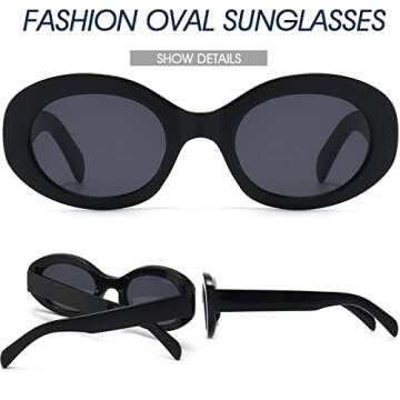 PORADAY Modern Thick Oval Sunglasses for Women Fashion Clout Goggles Retro Narrow Chunky Sun Glasses Gradient Shades Round 90s (Black/Grey)