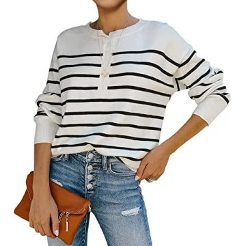 Womens Striped Henley Sweaters Soft Lightweight Long Sleeve Crew Neck Loose Fit Knit Pullover Tops W...