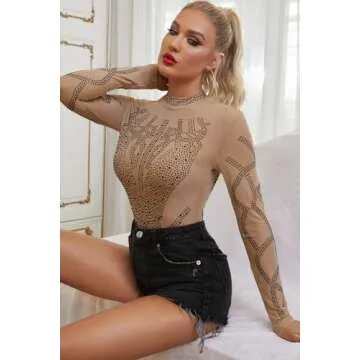 Eiffel Sexy Women's Gold Rhinestone Faux Bustier Mesh Long Sleeve Bodysuit Top Shirt Khaki M