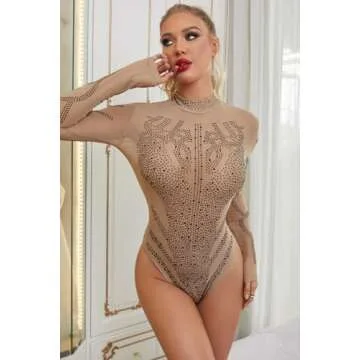 Eiffel Sexy Women's Gold Rhinestone Faux Bustier Mesh Long Sleeve Bodysuit Top Shirt Khaki M