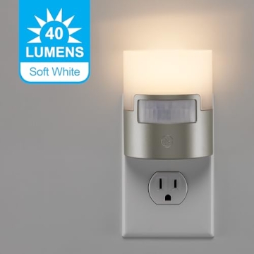 GE LED Motion Sensor Night Light, Plug into wall, 40 Lumens, Soft White, UL-Certified, Energy Efficient, Ideal Nightlight for Bedroom, Bathroom, Kitchen, Hallway, 29844, Silver, 1 Pack
