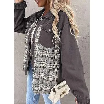 SHEWIN Jean Jacket Women Fashion 2025 Oversized Denim Jacket Casual Long Sleeve Shacket Cute Spring Jackets for Women 2025 Grey Small