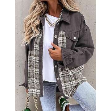SHEWIN Jean Jacket Women Fashion 2025 Oversized Denim Jacket Casual Long Sleeve Shacket Cute Spring Jackets for Women 2025 Grey Small