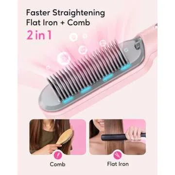 Wavytalk Hair Straightener Brush, Sleek Sweep Ionic Straightening Brush with 6 Temperature Adjust, Anti-Scald Ceramic Straightening Comb Fast Heating for Home Salon, Dual Voltage Pink.