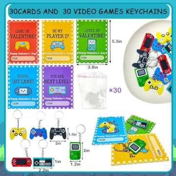 Leetous Valentines Day Gifts Cards for Kids Classroom, 30 Pack Video Games Keychains with Class Exch...