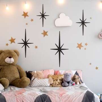 Blulu 4 Pcs Cast Iron Wall Decor 8 Pointed Atomic Star Wall Hangings Mid Century Modern Elegance Wall Accents Easy Install Finish Metal Wall Art for Home Office Room