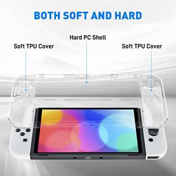 Improved - FANPL Clear Case Kit for Nintendo Switch OLED, PC Cover for Switch OLED Console and TPU Case with Transparent Lattice Pattern for Joy Con, Case Set with 1 Screen Protector and 12 Thumb Caps