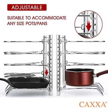 CAXXA Heavy Duty Pan Rack, Pot Lid Rack, Kitchen Cabinet Pantry Cookware Organizer Rack Holder with 5 Adjustable Dividers, Chrome
