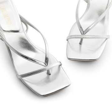 DREAM PAIRS Women's kitten Low Strappy Lace Up Heels Open Square Toe Thong Ankle Strap Heels Sexy Fashion Comfort Dress Shoes Party Sylvestra Pumps Heeled Sandals,Size 6,Silver-Pu,SDHS2405W