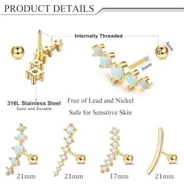 FIBO STEEL 4PCS 16G Cartilage Earrings Set - Helix Jewelry for Women